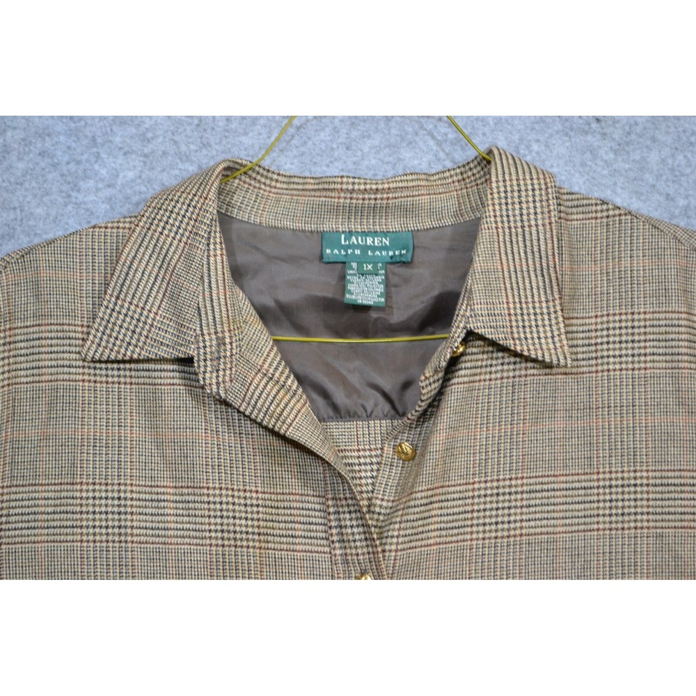 VTG Ralph Lauren Jacket Womens 1X Brown Cashmere Wool Tweed Plaid Elbow Patch